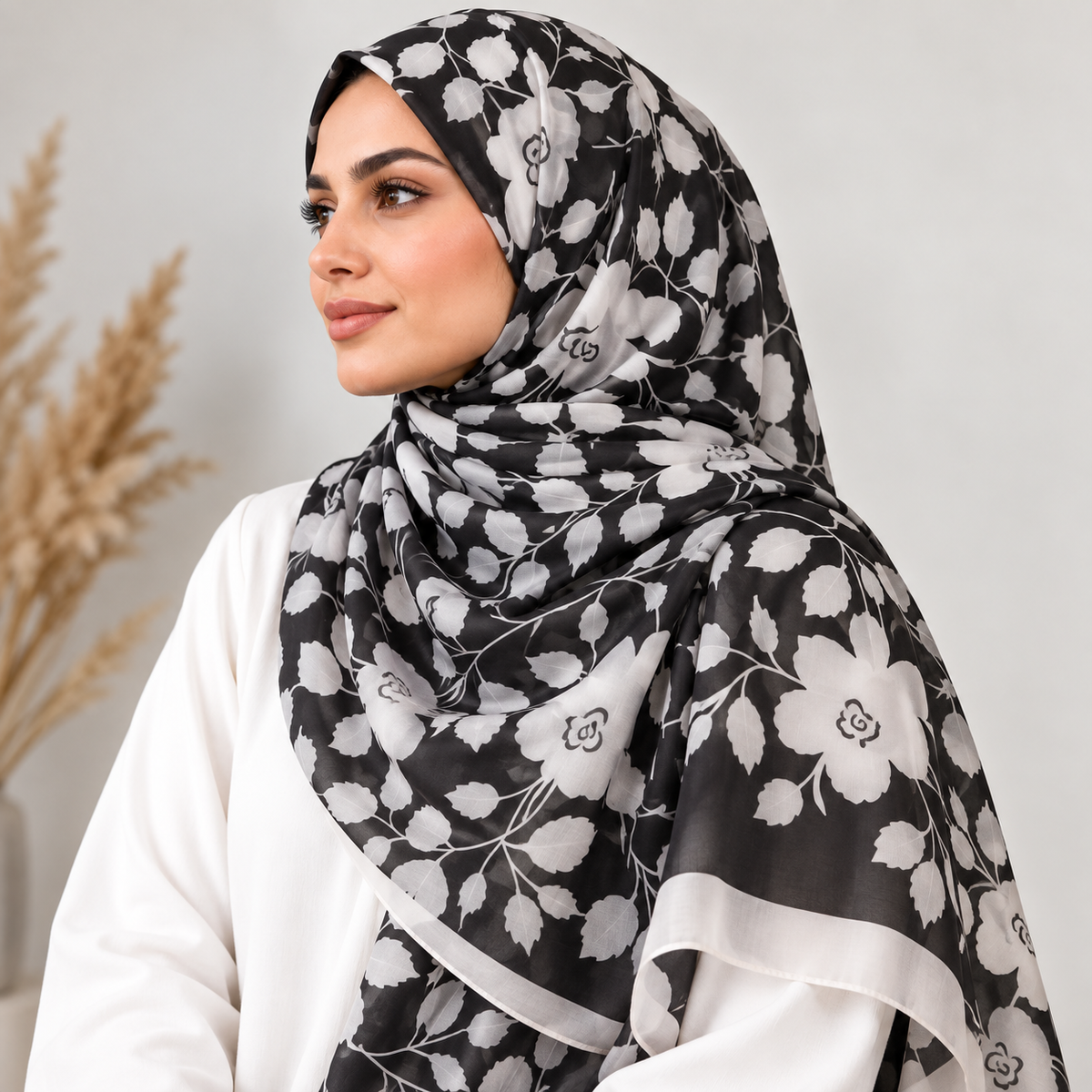 SILK HIJAB Floral Black