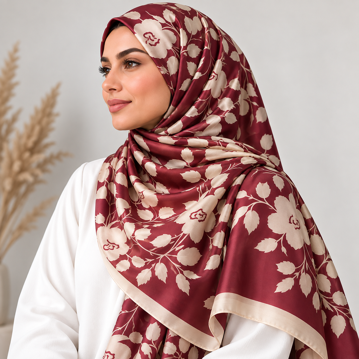SILK HIJAB Floral  Red